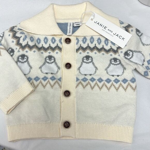 Janie and Jack 100047807 Cream and Gray Baby Fair Isle Penguin Cardigan size 0-3 - Picture 5 of 10